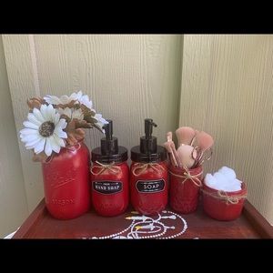 Mason jar bathroom set with decorative tray.